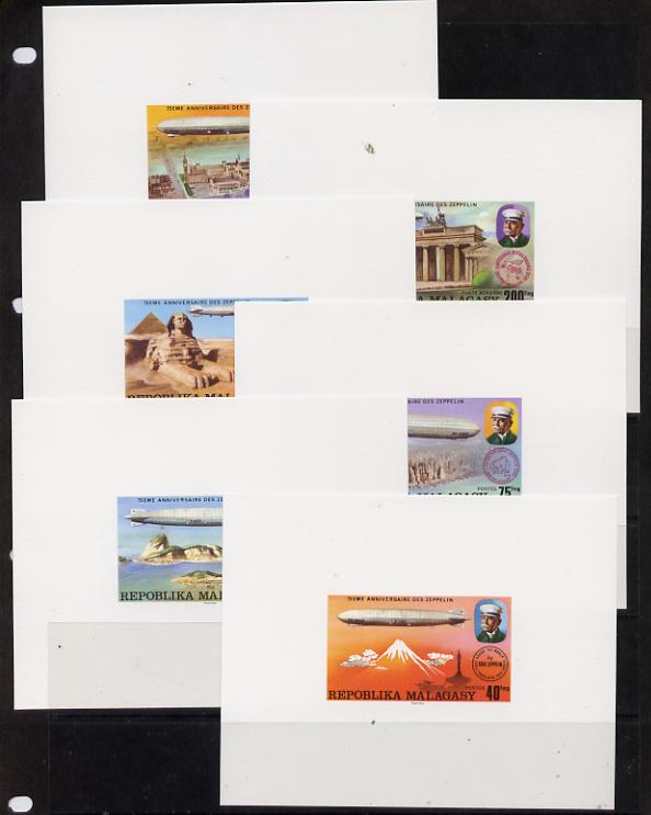 Malagasy Republic 1976 75th Anniversay of Zeppelin set of 6 imperf deluxe sheets in issued colours on thin card, as SG 346-51