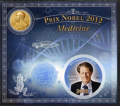 Mali 2013 Nobel Prize Winners for 2012 - Sir John B Gurdon(Medicine) imperf s/sheet containing circular value unmounted mint