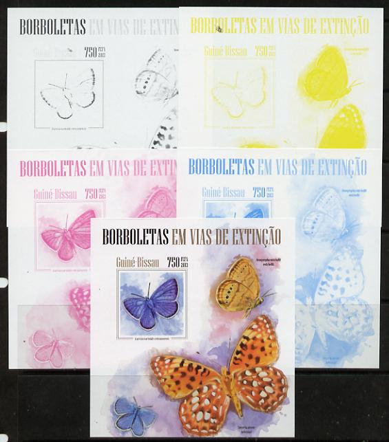 Guinea - Bissau 2013 Butterflies #08 m/sheet - the set of 5 imperf progressive proofs comprising the 4 individual colours plus all 4-colour composite, unmounted mint