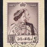 St Lucia 1948 KG6 Royal Silver Wedding £1 on piece with full PO CASTRIES double ring cancel SG 145