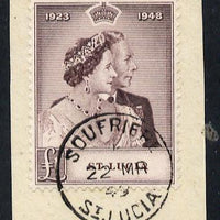 St Lucia 1948 KG6 Royal Silver Wedding £1 on piece with full SOUFRIES cds cancel SG 145