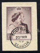 St Lucia 1948 KG6 Royal Silver Wedding £1 on piece with full SOUFRIES cds cancel SG 145