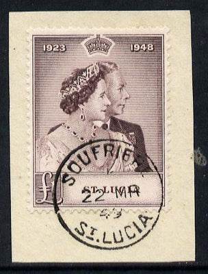St Lucia 1948 KG6 Royal Silver Wedding £1 on piece with full SOUFRIES cds cancel SG 145