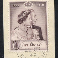 St Lucia 1948 KG6 Royal Silver Wedding £1 on piece with full CHOISEUL cds cancel SG 145