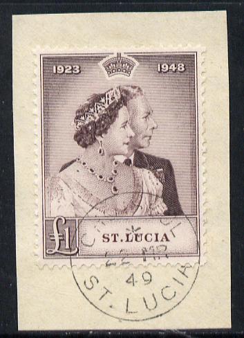 St Lucia 1948 KG6 Royal Silver Wedding £1 on piece with full CHOISEUL cds cancel SG 145