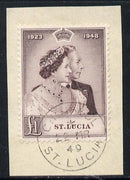 St Lucia 1948 KG6 Royal Silver Wedding £1 on piece with full CHOISEUL cds cancel SG 145