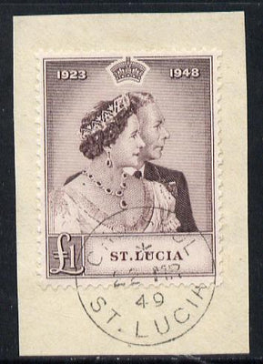 St Lucia 1948 KG6 Royal Silver Wedding £1 on piece with full CHOISEUL cds cancel SG 145
