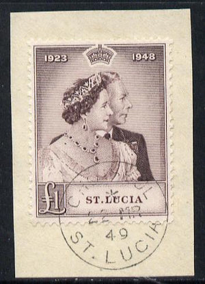 St Lucia 1948 KG6 Royal Silver Wedding £1 on piece with full CHOISEUL cds cancel SG 145