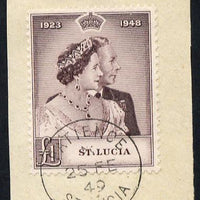 St Lucia 1948 KG6 Royal Silver Wedding £1 on piece with full PATIENCE cds cancel SG 145