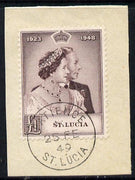 St Lucia 1948 KG6 Royal Silver Wedding £1 on piece with full PATIENCE cds cancel SG 145