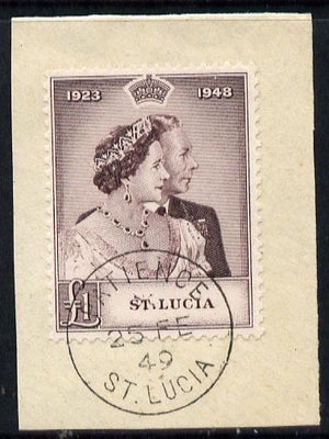 St Lucia 1948 KG6 Royal Silver Wedding £1 on piece with full PATIENCE cds cancel SG 145