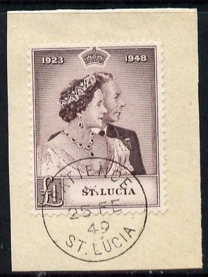 St Lucia 1948 KG6 Royal Silver Wedding £1 on piece with full PATIENCE cds cancel SG 145