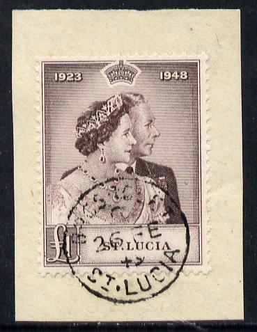 St Lucia 1948 KG6 Royal Silver Wedding £1 on piece with full GROS ISLET cds cancel SG 145