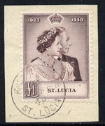St Lucia 1948 KG6 Royal Silver Wedding £1 on piece with full ANSE LA RAYE cds cancel SG 145