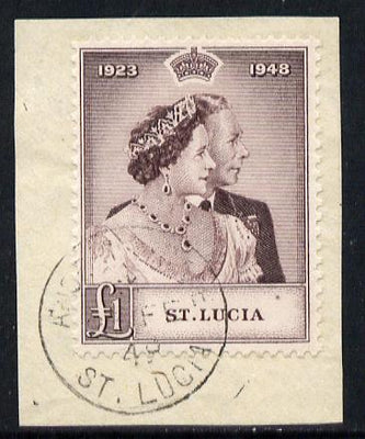 St Lucia 1948 KG6 Royal Silver Wedding £1 on piece with full ANSE LA RAYE cds cancel SG 145