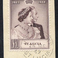 St Lucia 1948 KG6 Royal Silver Wedding £1 on piece with full VIEUX FORT cds cancel SG 145