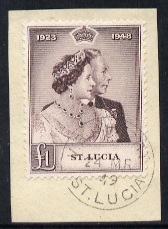 St Lucia 1948 KG6 Royal Silver Wedding £1 on piece with full VIEUX FORT cds cancel SG 145