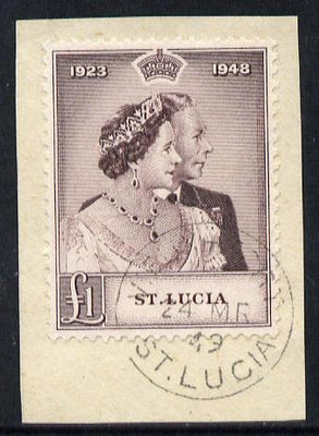 St Lucia 1948 KG6 Royal Silver Wedding £1 on piece with full VIEUX FORT cds cancel SG 145