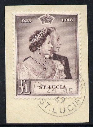 St Lucia 1948 KG6 Royal Silver Wedding £1 on piece with full VIEUX FORT cds cancel SG 145