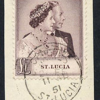 St Lucia 1948 KG6 Royal Silver Wedding £1 on piece with full CANARIES cds cancel SG 145