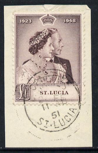 St Lucia 1948 KG6 Royal Silver Wedding £1 on piece with full CANARIES cds cancel SG 145