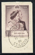 St Lucia 1948 KG6 Royal Silver Wedding £1 on piece with full CANARIES cds cancel SG 145