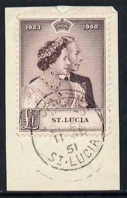 St Lucia 1948 KG6 Royal Silver Wedding £1 on piece with full CANARIES cds cancel SG 145