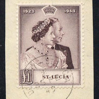 St Lucia 1948 KG6 Royal Silver Wedding £1 on piece with full DENNERY cds cancel SG 145