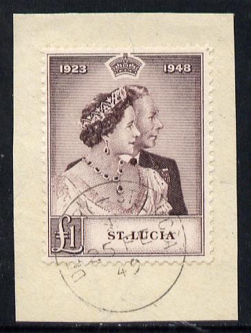 St Lucia 1948 KG6 Royal Silver Wedding £1 on piece with full DENNERY cds cancel SG 145