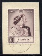 St Lucia 1948 KG6 Royal Silver Wedding £1 on piece with full DENNERY cds cancel SG 145
