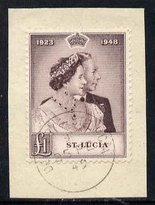 St Lucia 1948 KG6 Royal Silver Wedding £1 on piece with full DENNERY cds cancel SG 145