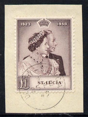 St Lucia 1948 KG6 Royal Silver Wedding £1 on piece with full DENNERY cds cancel SG 145