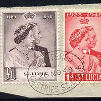 St Lucia 1948 KG6 Royal Silver Wedding set of 2 on pice with reg oval cancel SG 144-5