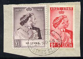 St Lucia 1948 KG6 Royal Silver Wedding set of 2 on pice with reg oval cancel SG 144-5