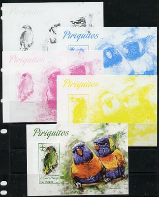 St Thomas & Prince Islands 2013 Parrots #1 with Scout Logo - the set of 5 imperf progressive proofs comprising the 4 individual colours plus all 4-colour composite, unmounted mint
