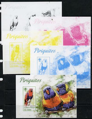 St Thomas & Prince Islands 2013 Parrots #4 with Scout Logo - the set of 5 imperf progressive proofs comprising the 4 individual colours plus all 4-colour composite, unmounted mint