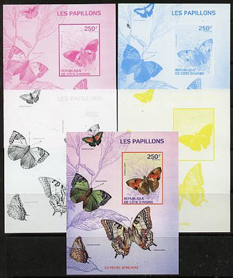 Ivory Coast 2014 Butterflies #1 m/sheet - the set of 5 imperf progressive proofs comprising the 4 individual colours plus all 4-colour composite, unmounted mint