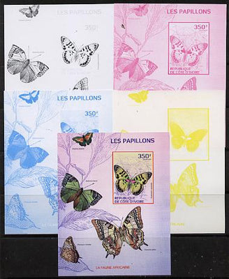 Ivory Coast 2014 Butterflies #2 m/sheet - the set of 5 imperf progressive proofs comprising the 4 individual colours plus all 4-colour composite, unmounted mint