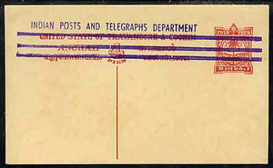 Indian States - Travancore-Cochin 1950c 4 pies p/stat card (Palm Tree) as H & G 3 but handstamped 'Indian Posts And Telegraphs Department' & original text and stamp obliterated