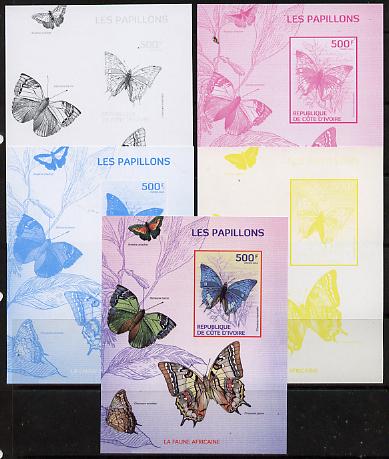 Ivory Coast 2014 Butterflies #3 m/sheet - the set of 5 imperf progressive proofs comprising the 4 individual colours plus all 4-colour composite, unmounted mint