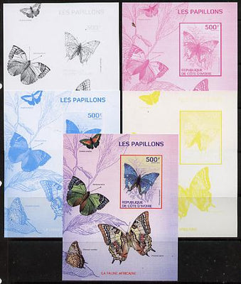 Ivory Coast 2014 Butterflies #3 m/sheet - the set of 5 imperf progressive proofs comprising the 4 individual colours plus all 4-colour composite, unmounted mint
