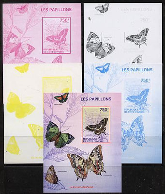 Ivory Coast 2014 Butterflies #4 m/sheet - the set of 5 imperf progressive proofs comprising the 4 individual colours plus all 4-colour composite, unmounted mint