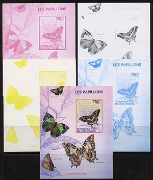 Ivory Coast 2014 Butterflies #4 m/sheet - the set of 5 imperf progressive proofs comprising the 4 individual colours plus all 4-colour composite, unmounted mint