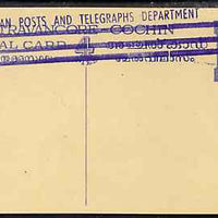 Indian States - Travancore-Cochin 1950c 4 pies p/stat card (Elephants) as H & G 4 but handstamped 'Indian Posts And Telegraphs Department' & original text and stamp obliterated with three lines in blue
