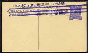 Indian States - Travancore-Cochin 1950c 4 pies p/stat card (Elephants) as H & G 4 but handstamped 'Indian Posts And Telegraphs Department' & original text and stamp obliterated with three lines in blue