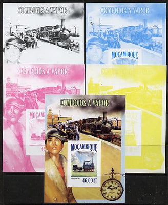 Mozambique 2013 Steam Trains #05 m/sheet - the set of 5 imperf progressive proofs comprising the 4 individual colours plus all 4-colour composite, unmounted mint