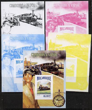 Mozambique 2013 Steam Trains #06 m/sheet - the set of 5 imperf progressive proofs comprising the 4 individual colours plus all 4-colour composite, unmounted mint
