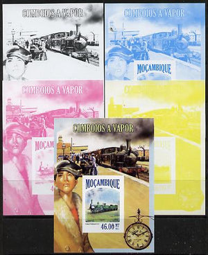 Mozambique 2013 Steam Trains #08 m/sheet - the set of 5 imperf progressive proofs comprising the 4 individual colours plus all 4-colour composite, unmounted mint