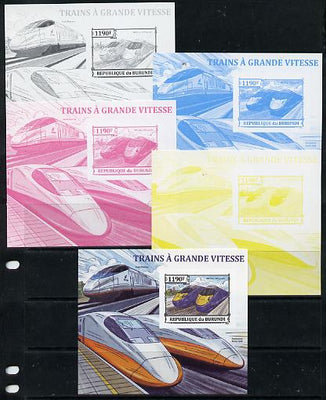 Burundi 2013 High Speed Trains - 395 Javelin deluxe sheet - the set of 5 imperf progressive proofs comprising the 4 individual colours plus all 4-colour composite, unmounted mint