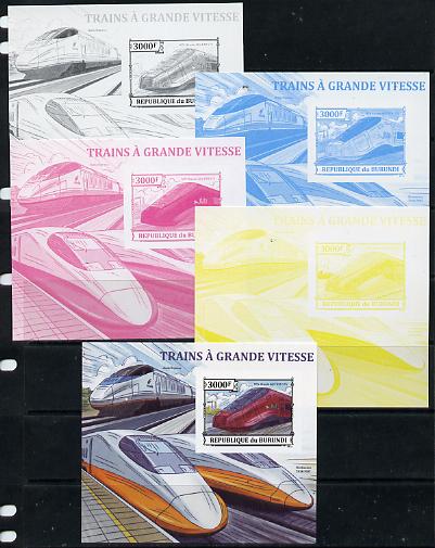 Burundi 2013 High Speed Trains - NTV Alstom AGV ETR 575 deluxe sheet - the set of 5 imperf progressive proofs comprising the 4 individual colours plus all 4-colour composite, unmounted mint